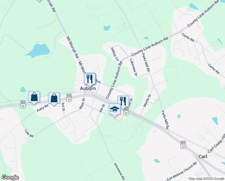 map of restaurants, bars, coffee shops, grocery stores, and more near 23 County Line-Auburn Road in Auburn