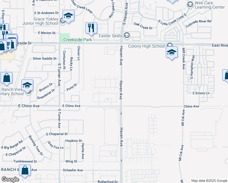 map of restaurants, bars, coffee shops, grocery stores, and more near 3449 East Sweetbay Way in Ontario