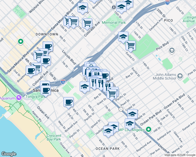 map of restaurants, bars, coffee shops, grocery stores, and more near 1842 9th Street in Santa Monica