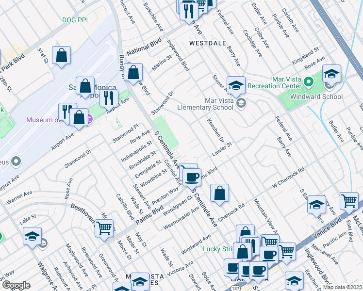 map of restaurants, bars, coffee shops, grocery stores, and more near 3384 South Centinela Avenue in Los Angeles