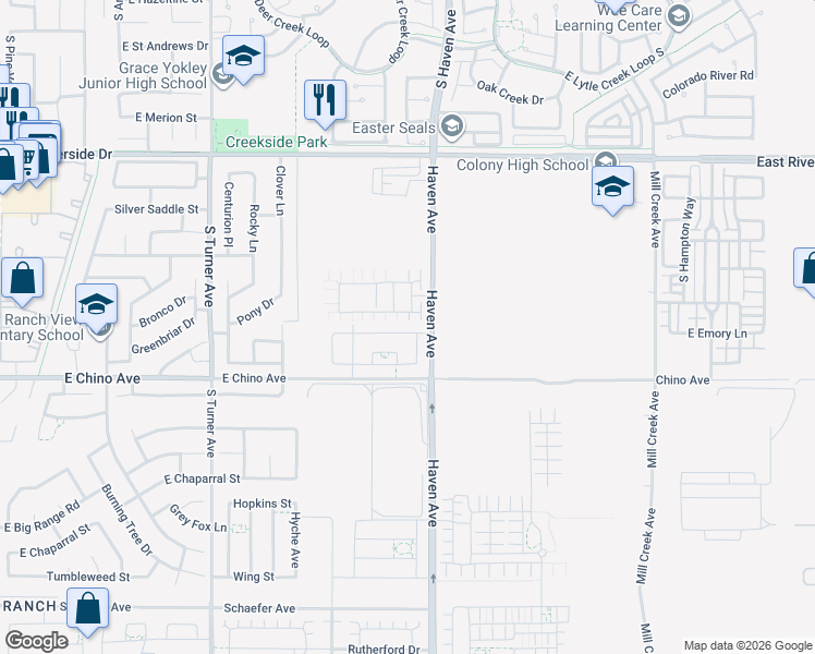 map of restaurants, bars, coffee shops, grocery stores, and more near 3449 East Sweetbay Way in Ontario