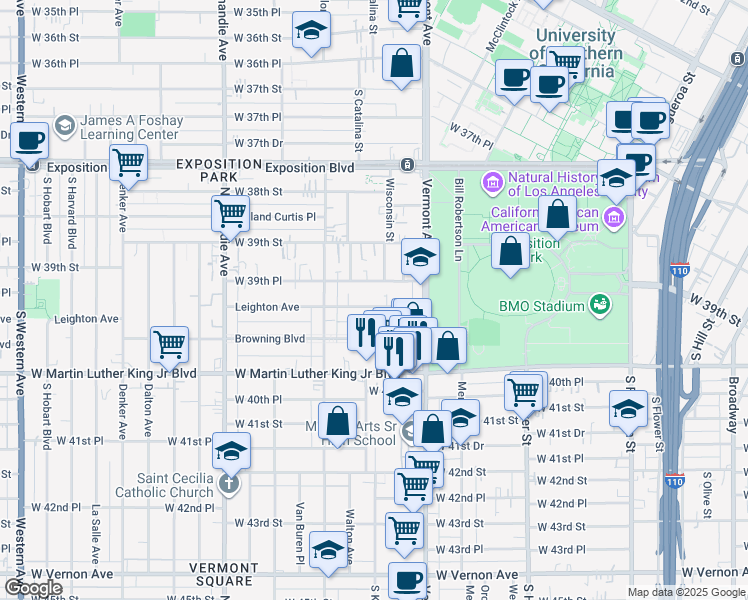 map of restaurants, bars, coffee shops, grocery stores, and more near 1075 Leighton Avenue in Los Angeles