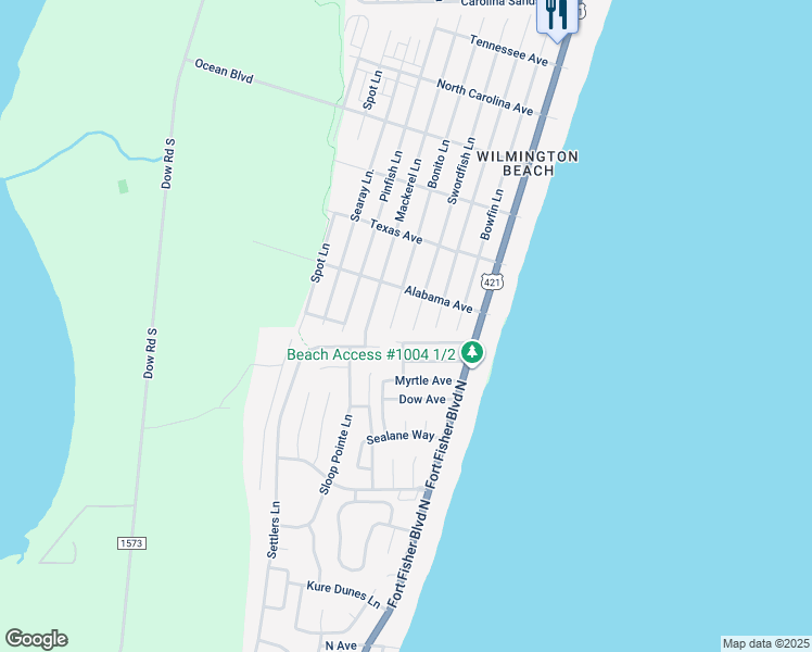 map of restaurants, bars, coffee shops, grocery stores, and more near 1722 Swordfish Lane in Carolina Beach