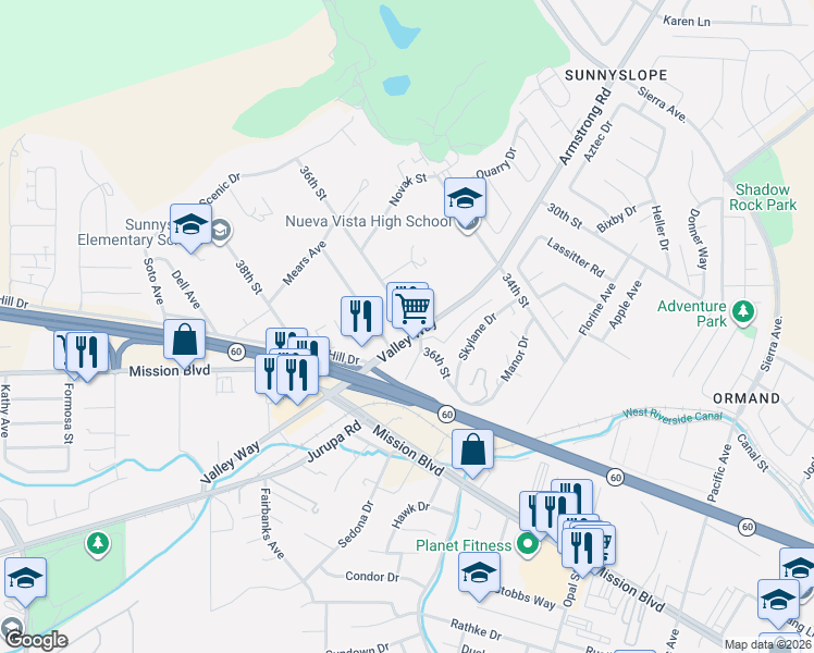 map of restaurants, bars, coffee shops, grocery stores, and more near 3607 Valley Way in Riverside