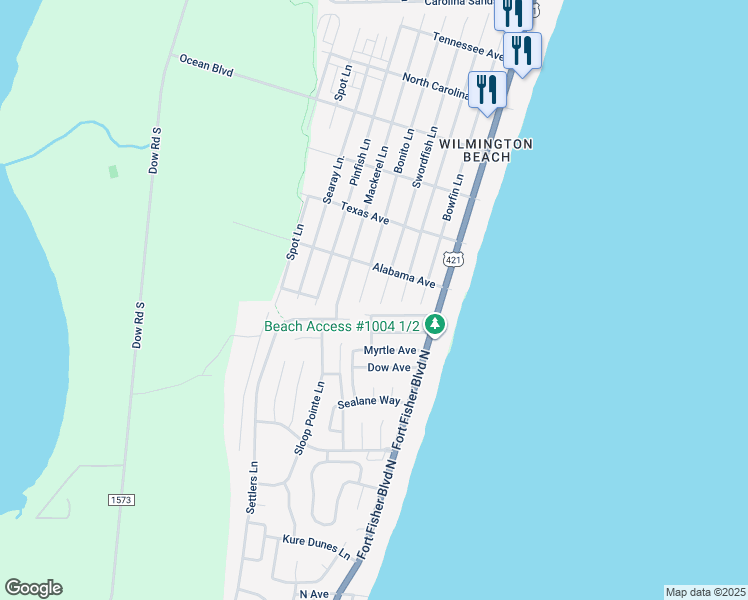 map of restaurants, bars, coffee shops, grocery stores, and more near 1722 Swordfish Lane in Carolina Beach
