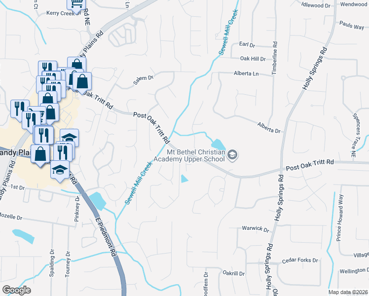 map of restaurants, bars, coffee shops, grocery stores, and more near 2389 Post Oak Tritt Road in Marietta