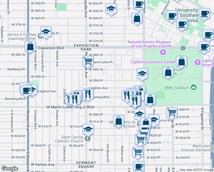 map of restaurants, bars, coffee shops, grocery stores, and more near 1200 West 39th Place in Los Angeles
