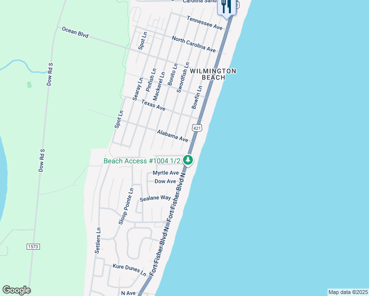 map of restaurants, bars, coffee shops, grocery stores, and more near 1701 Bowfin Lane in Carolina Beach