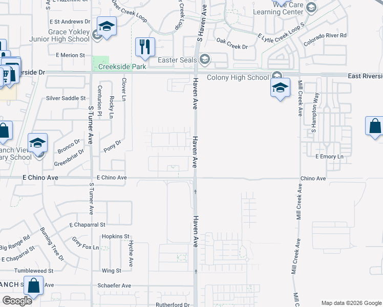 map of restaurants, bars, coffee shops, grocery stores, and more near 3481 East Sweetbay Way in Ontario