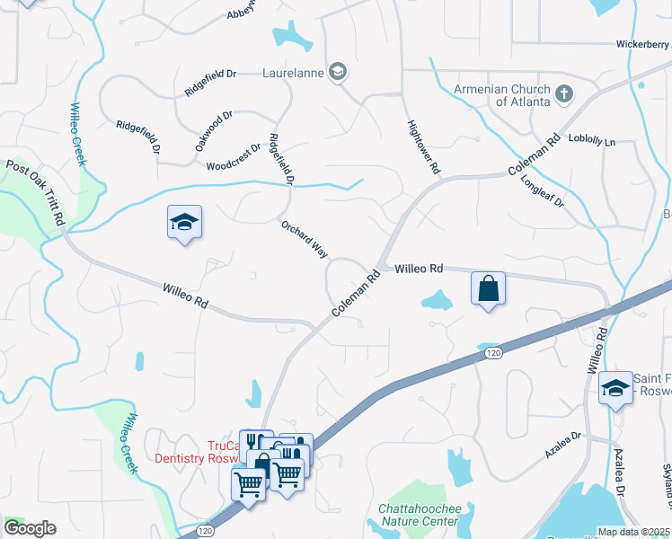 map of restaurants, bars, coffee shops, grocery stores, and more near 1045 North Point Drive in Roswell