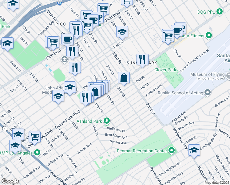 map of restaurants, bars, coffee shops, grocery stores, and more near 2015 Ocean Park Place South in Santa Monica