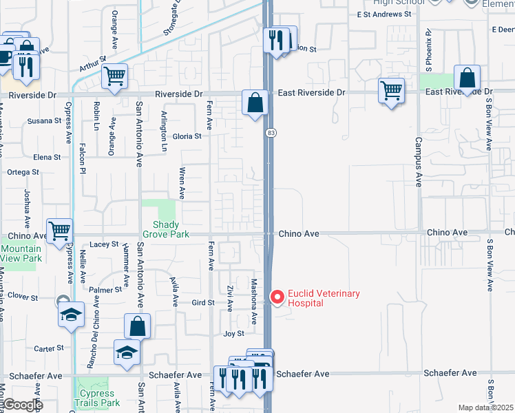 map of restaurants, bars, coffee shops, grocery stores, and more near 13203 Copra Avenue in Chino