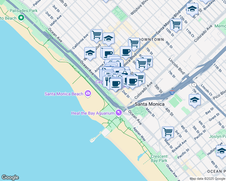 map of restaurants, bars, coffee shops, grocery stores, and more near 1431 Ocean Avenue in Santa Monica
