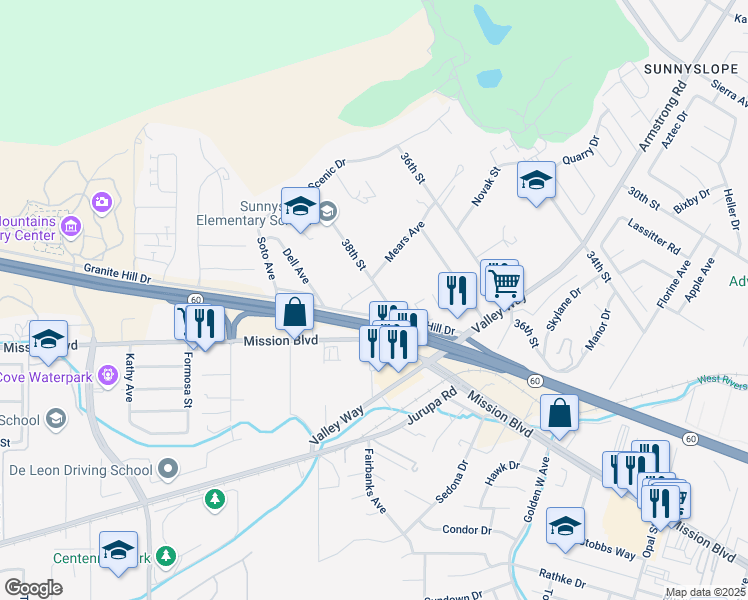 map of restaurants, bars, coffee shops, grocery stores, and more near 6971 38th Street in Riverside