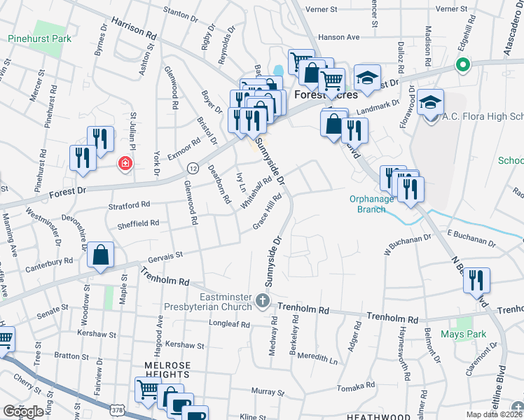 map of restaurants, bars, coffee shops, grocery stores, and more near 3200 Whitehall Road in Columbia
