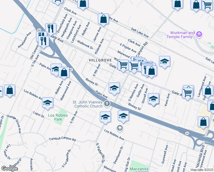map of restaurants, bars, coffee shops, grocery stores, and more near 1234 Valencia Avenue in Hacienda Heights