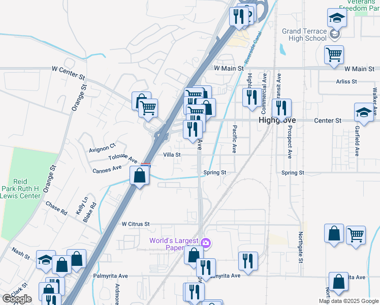 map of restaurants, bars, coffee shops, grocery stores, and more near 1323 Villa Street in Riverside