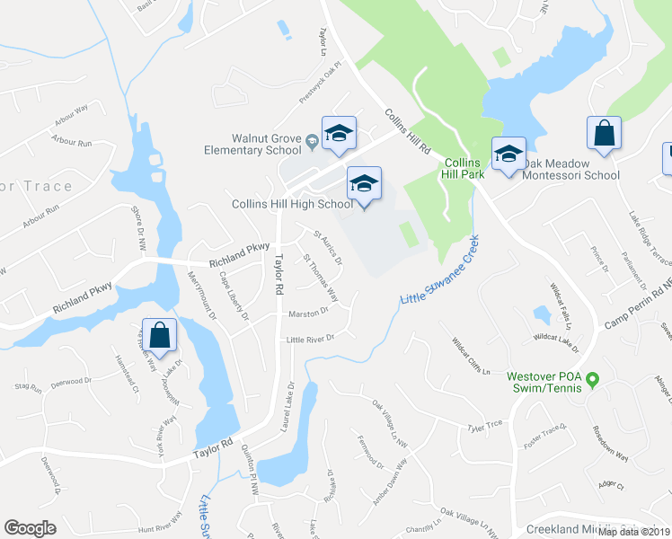 map of restaurants, bars, coffee shops, grocery stores, and more near 111 Saint Aurics Drive in Suwanee
