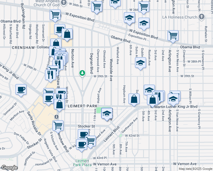 map of restaurants, bars, coffee shops, grocery stores, and more near 3936 Olmsted Avenue in Los Angeles
