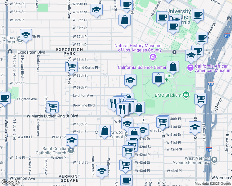 map of restaurants, bars, coffee shops, grocery stores, and more near 1075 Leighton Avenue in Los Angeles