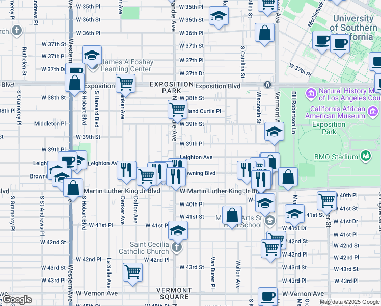 map of restaurants, bars, coffee shops, grocery stores, and more near 1251 Leighton Avenue in Los Angeles
