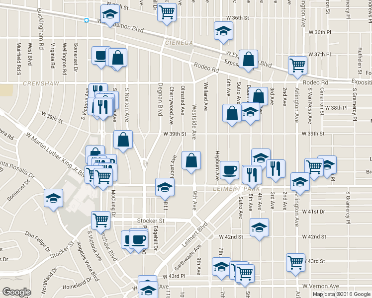 map of restaurants, bars, coffee shops, grocery stores, and more near 3936 Olmsted Avenue in Los Angeles