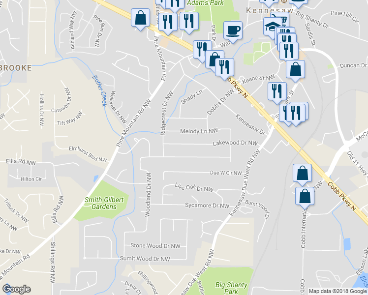 map of restaurants, bars, coffee shops, grocery stores, and more near 2461 Lakewood Drive Northwest in Kennesaw