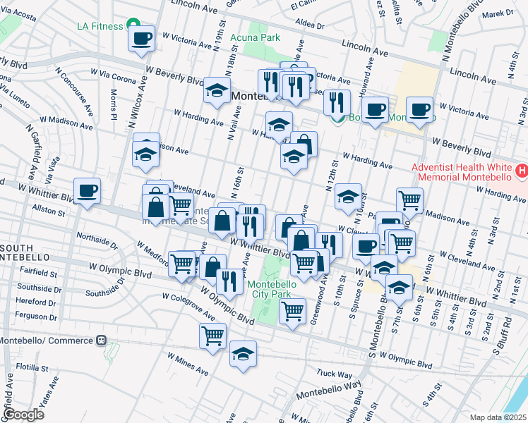 map of restaurants, bars, coffee shops, grocery stores, and more near 1411 West Cleveland Avenue in Montebello