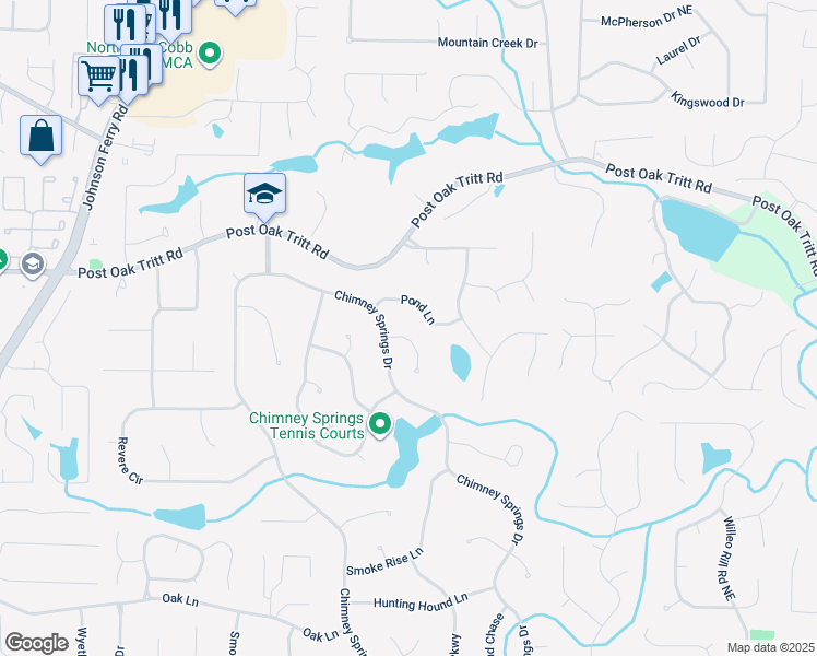 map of restaurants, bars, coffee shops, grocery stores, and more near 4556 Pond Lane in Marietta