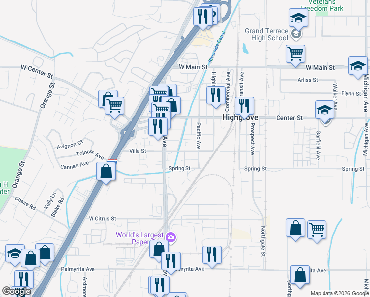 map of restaurants, bars, coffee shops, grocery stores, and more near 420 Glen Street in Riverside