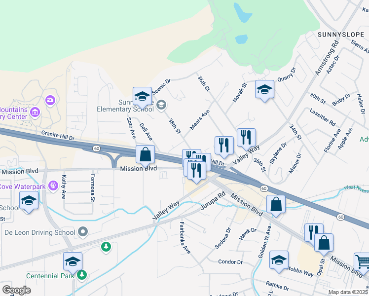 map of restaurants, bars, coffee shops, grocery stores, and more near 6971 38th Street in Riverside