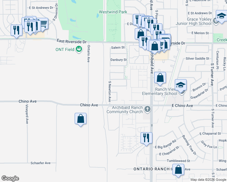map of restaurants, bars, coffee shops, grocery stores, and more near 2452 East Darien Street in Ontario