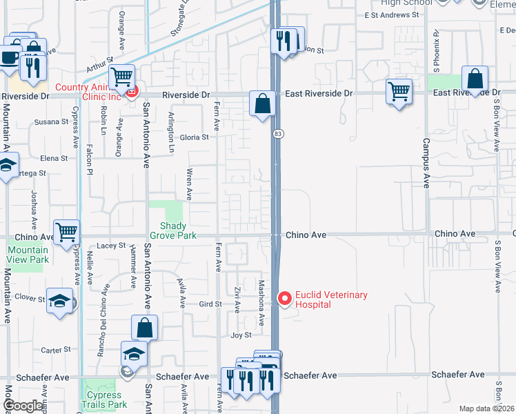 map of restaurants, bars, coffee shops, grocery stores, and more near 13188 Stellar Avenue in Chino