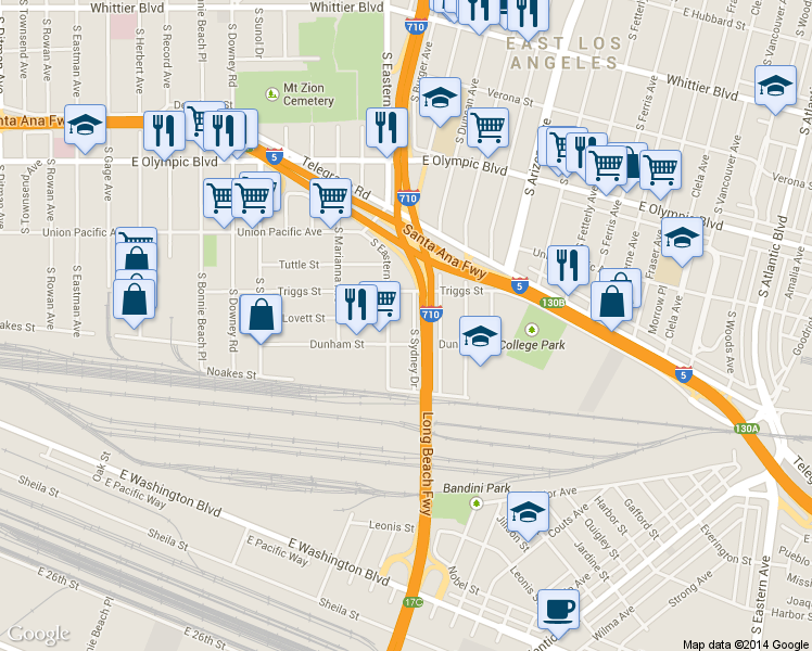 map of restaurants, bars, coffee shops, grocery stores, and more near 1425 1/2 South Sydney Drive in Los Angeles
