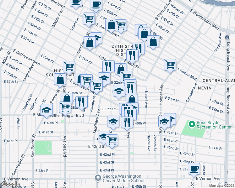 map of restaurants, bars, coffee shops, grocery stores, and more near 985 East 33rd Street in Los Angeles