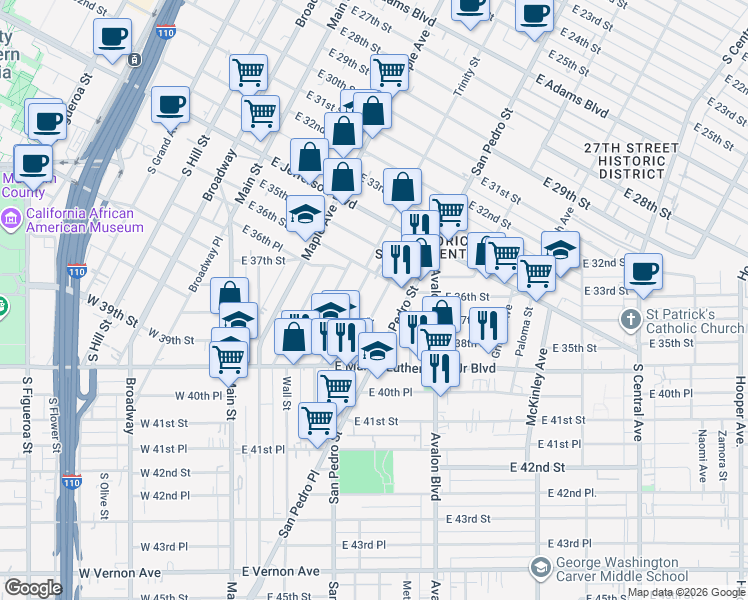 map of restaurants, bars, coffee shops, grocery stores, and more near 3603 1/2 Adair Street in Los Angeles