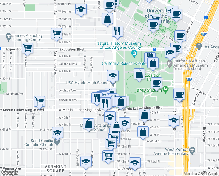 map of restaurants, bars, coffee shops, grocery stores, and more near 1048 1/4 West 39th Place in Los Angeles
