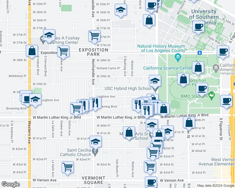 map of restaurants, bars, coffee shops, grocery stores, and more near 1200 West 39th Place in Los Angeles