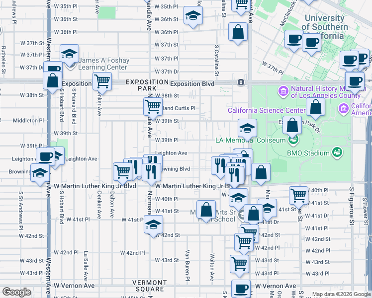 map of restaurants, bars, coffee shops, grocery stores, and more near 1200 West 39th Place in Los Angeles