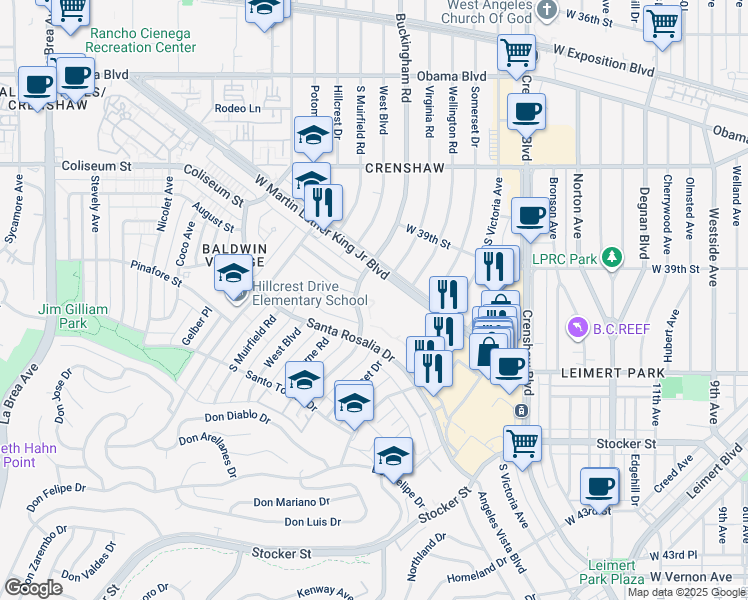 map of restaurants, bars, coffee shops, grocery stores, and more near 3850 West Martin Luther King Junior Boulevard in Los Angeles