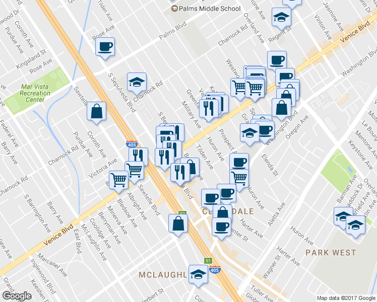 map of restaurants, bars, coffee shops, grocery stores, and more near 11103 Venice Boulevard in Los Angeles