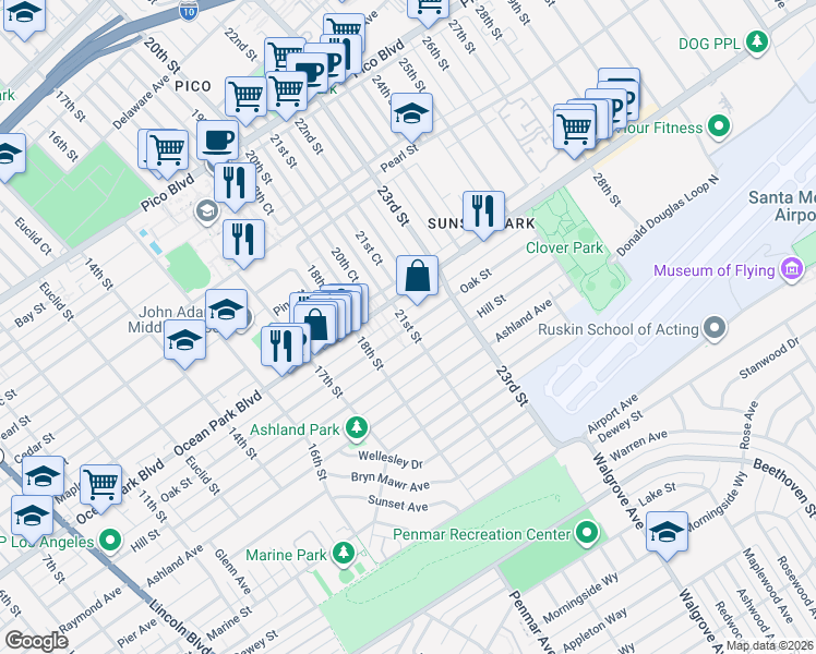 map of restaurants, bars, coffee shops, grocery stores, and more near 2117 Oak Street in Santa Monica