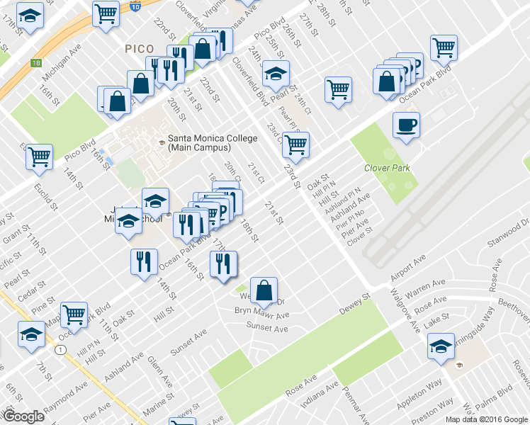 map of restaurants, bars, coffee shops, grocery stores, and more near 2020 Ocean Park Boulevard in Santa Monica
