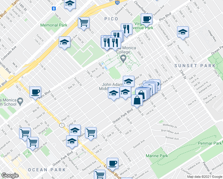 map of restaurants, bars, coffee shops, grocery stores, and more near 1520 Pearl Street in Santa Monica