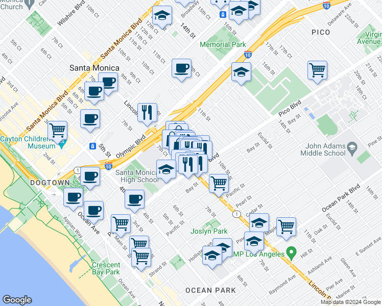 map of restaurants, bars, coffee shops, grocery stores, and more near 1820 9th Street in Santa Monica