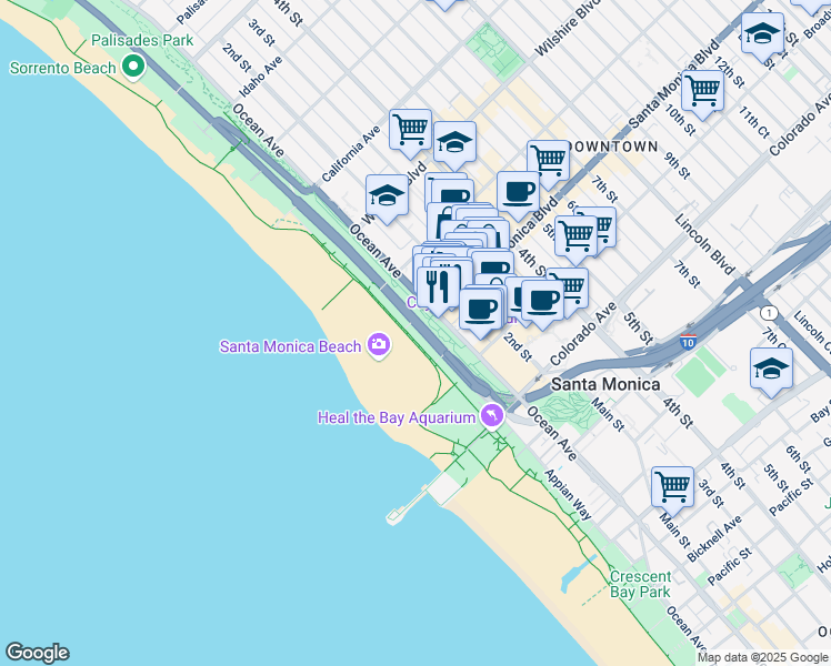 map of restaurants, bars, coffee shops, grocery stores, and more near 1401 Ocean Avenue in Santa Monica