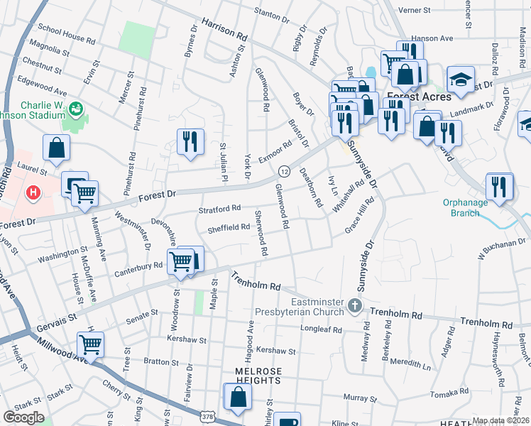 map of restaurants, bars, coffee shops, grocery stores, and more near 5 Glenwood Springs Court in Columbia