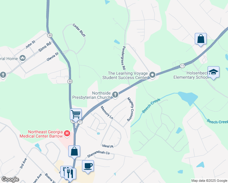map of restaurants, bars, coffee shops, grocery stores, and more near 476 Jefferson Highway in Winder