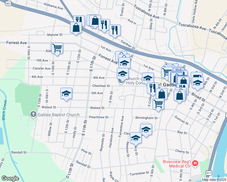 map of restaurants, bars, coffee shops, grocery stores, and more near 862 Chestnut Street in Gadsden