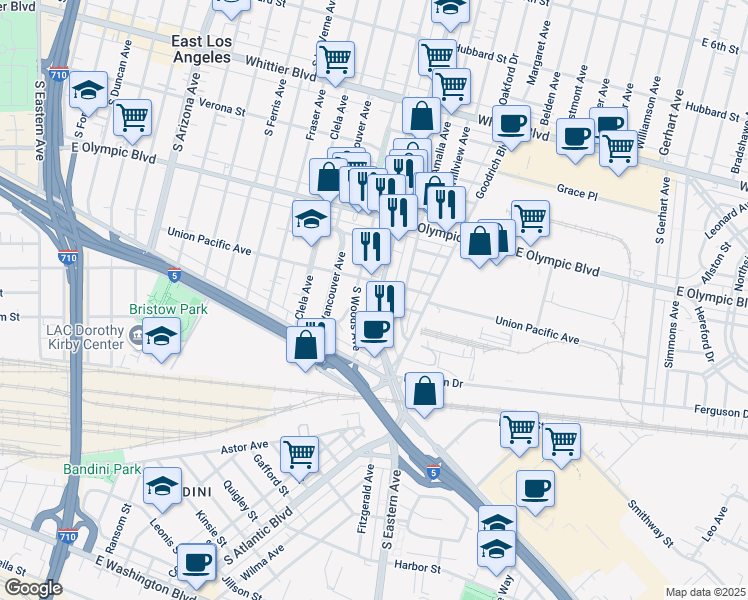 map of restaurants, bars, coffee shops, grocery stores, and more near 1305 South Atlantic Boulevard in East Los Angeles